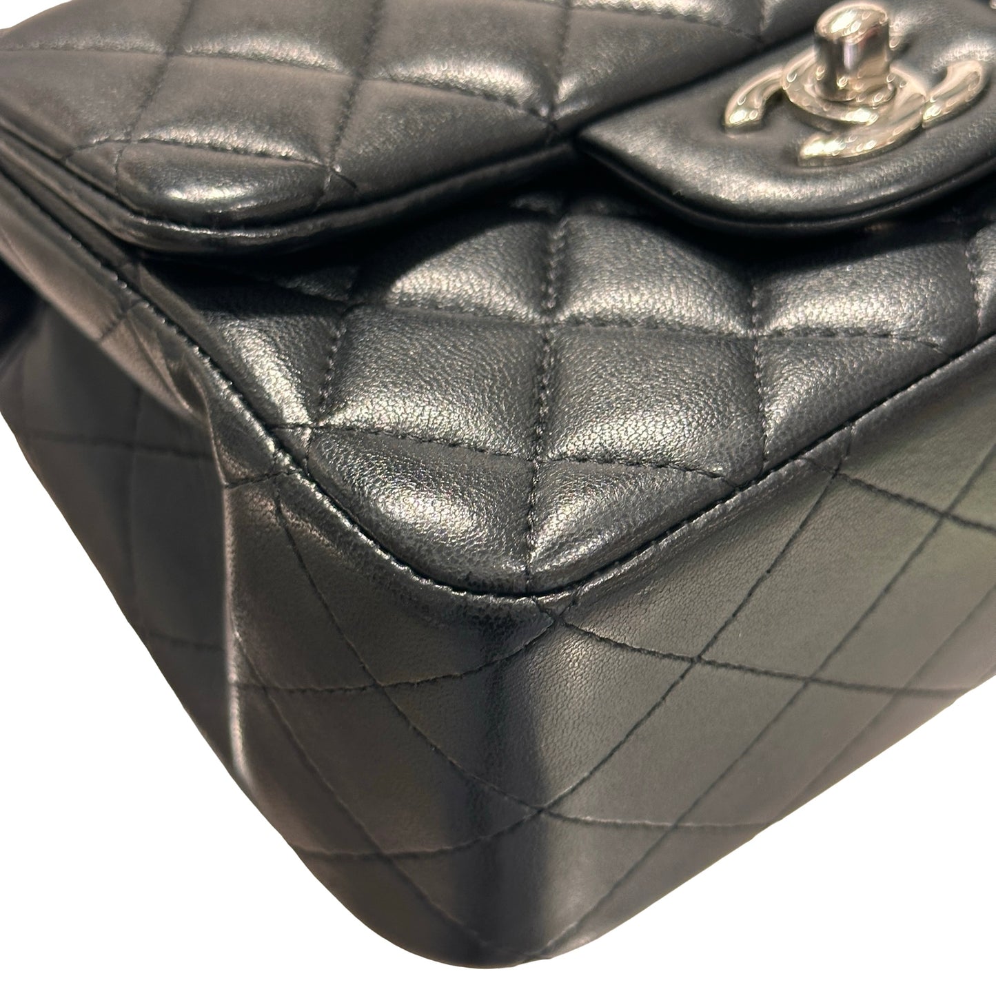 Used CHANEL Lambskin Leather Mini flap 17cm Cross Body Bag Black PHW