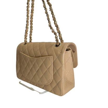Brand New CHANEL Quilted Caviar Classic Flap Chain Shoulder Bag Beige Gold