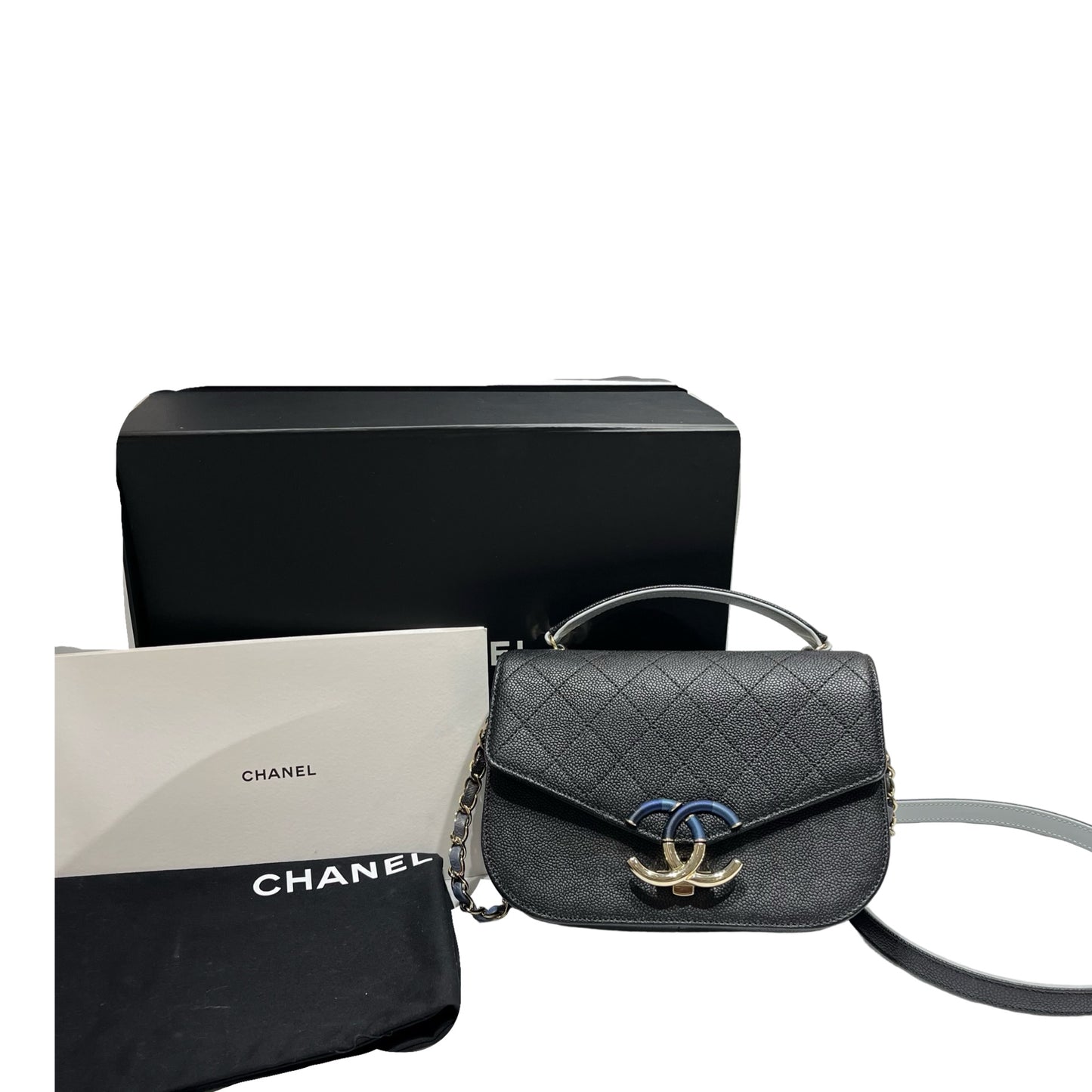 Used CHANEL Calfskin Leather Cross Body Bag Black GHW