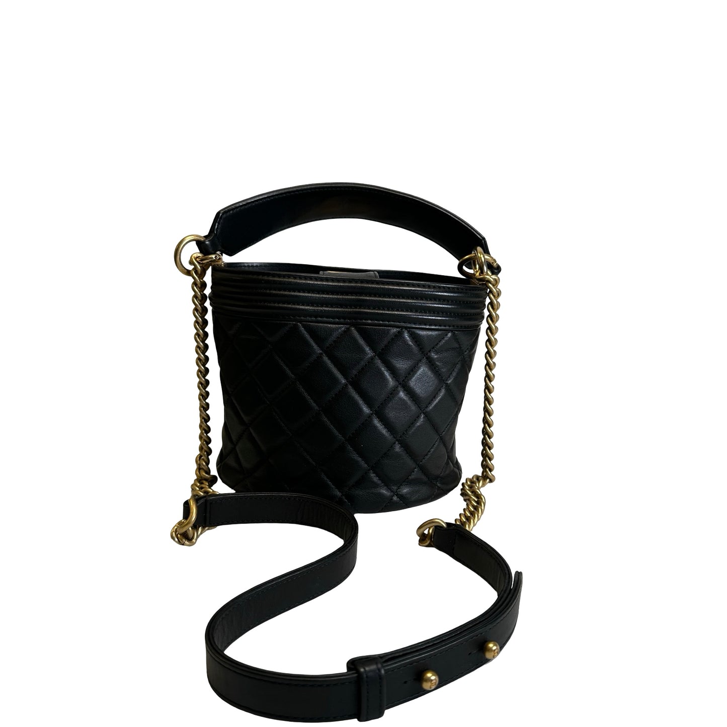 Used CHANEL Quilted Leather Boy Chanel Bucket Bag Bucket Bag Black，GHW