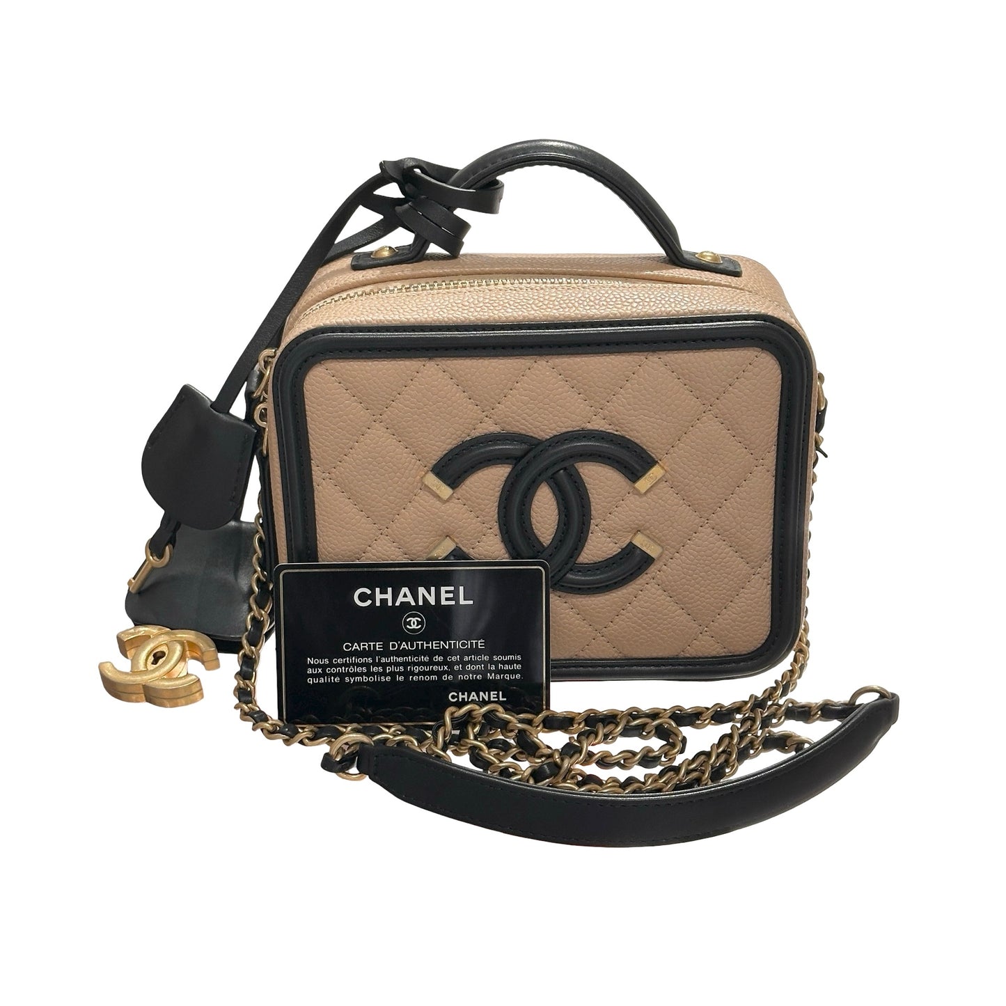 Used CHANEL Calfskin Leather Cross Body Bag Beige GHW