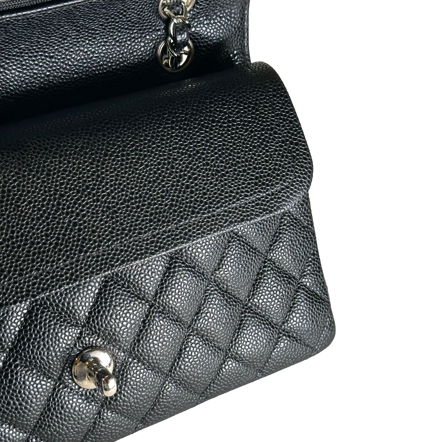 Used CHANEL Caviar Quilted Classic Flap Shoulder Bag Black Silver