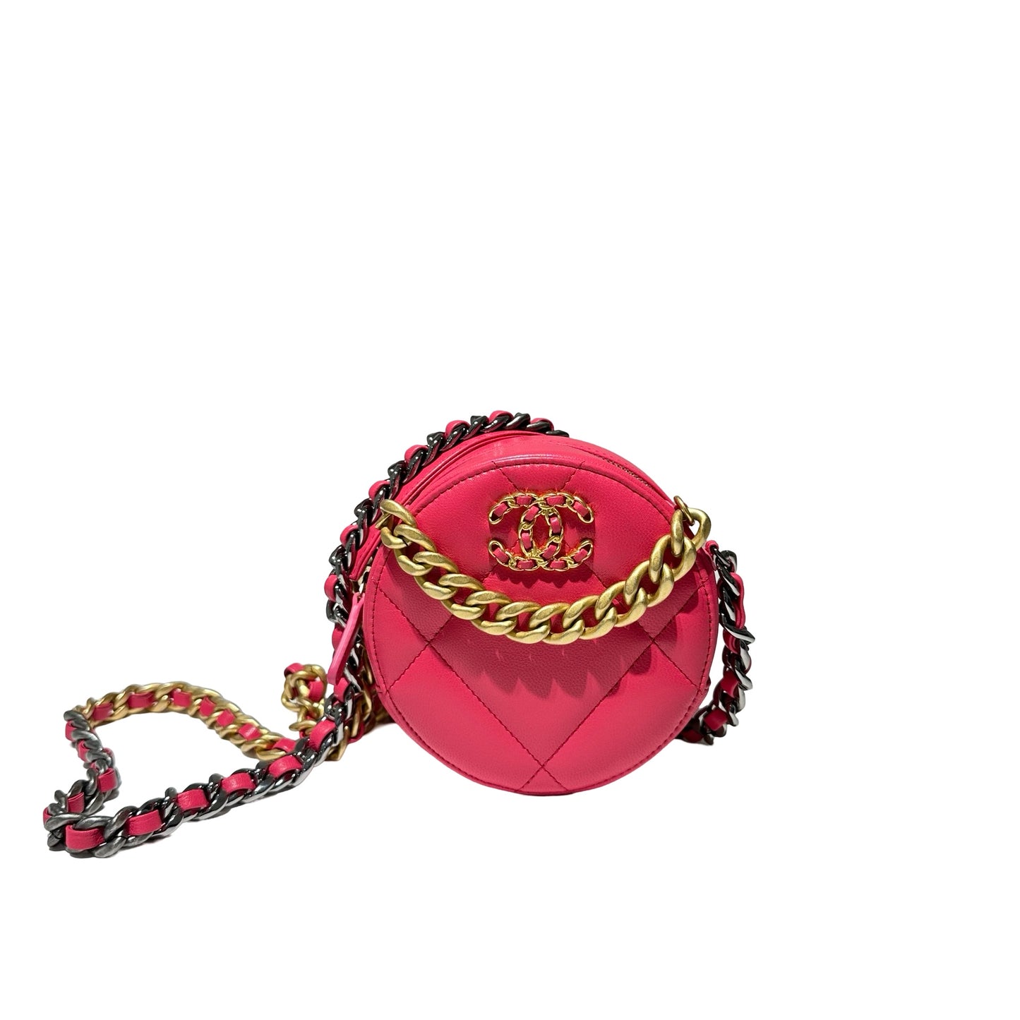 Calf Skin Round Clutch with Chain Two Way Shoulder Bag [101612]