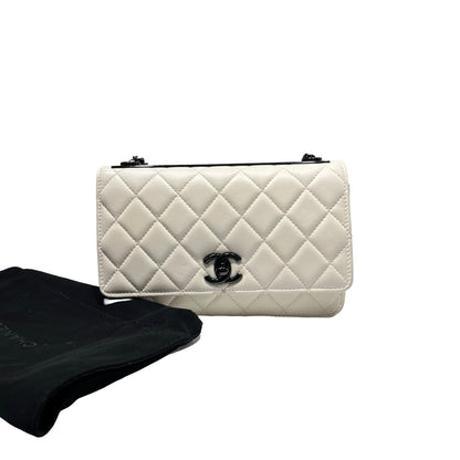 Used CHANEL Lambskin Leather WOC Shoulder Bag White Black Hardware
