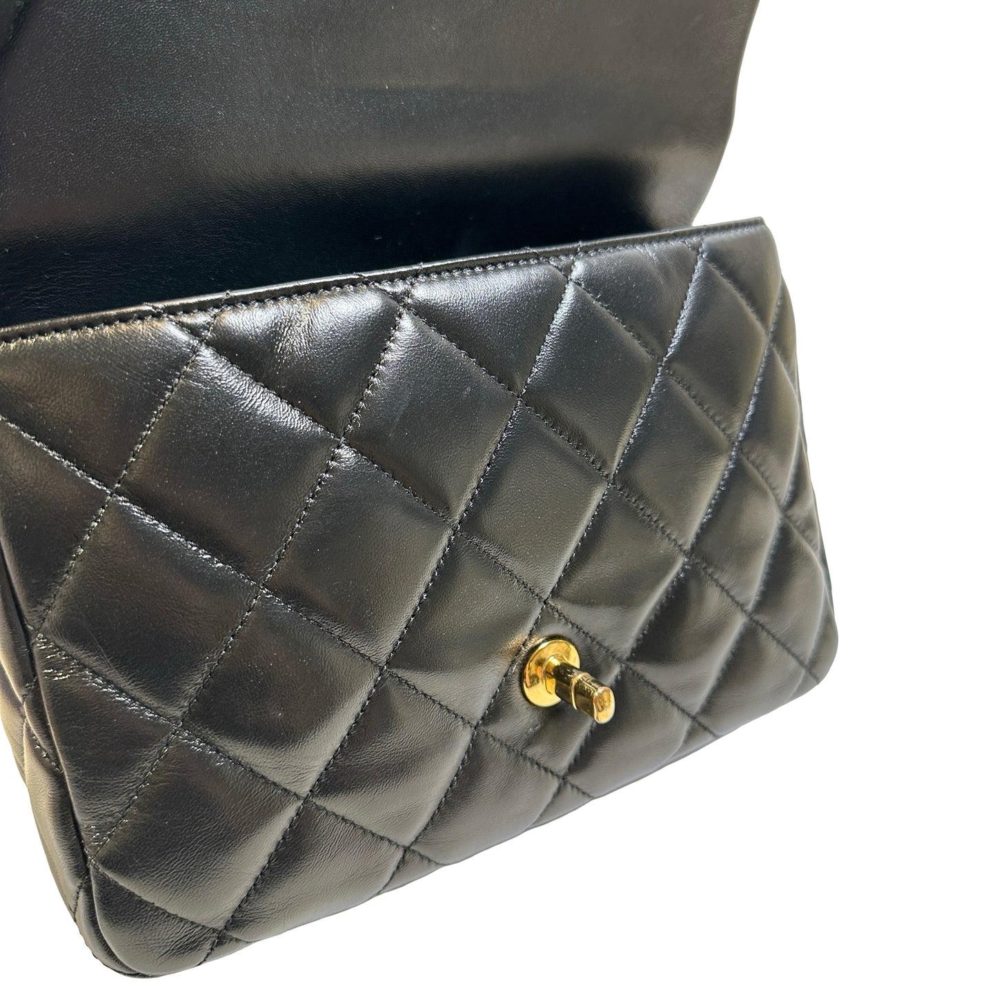 Used CHANEL Quilted Lambskin Top Handle Flap Bag Handbag Black