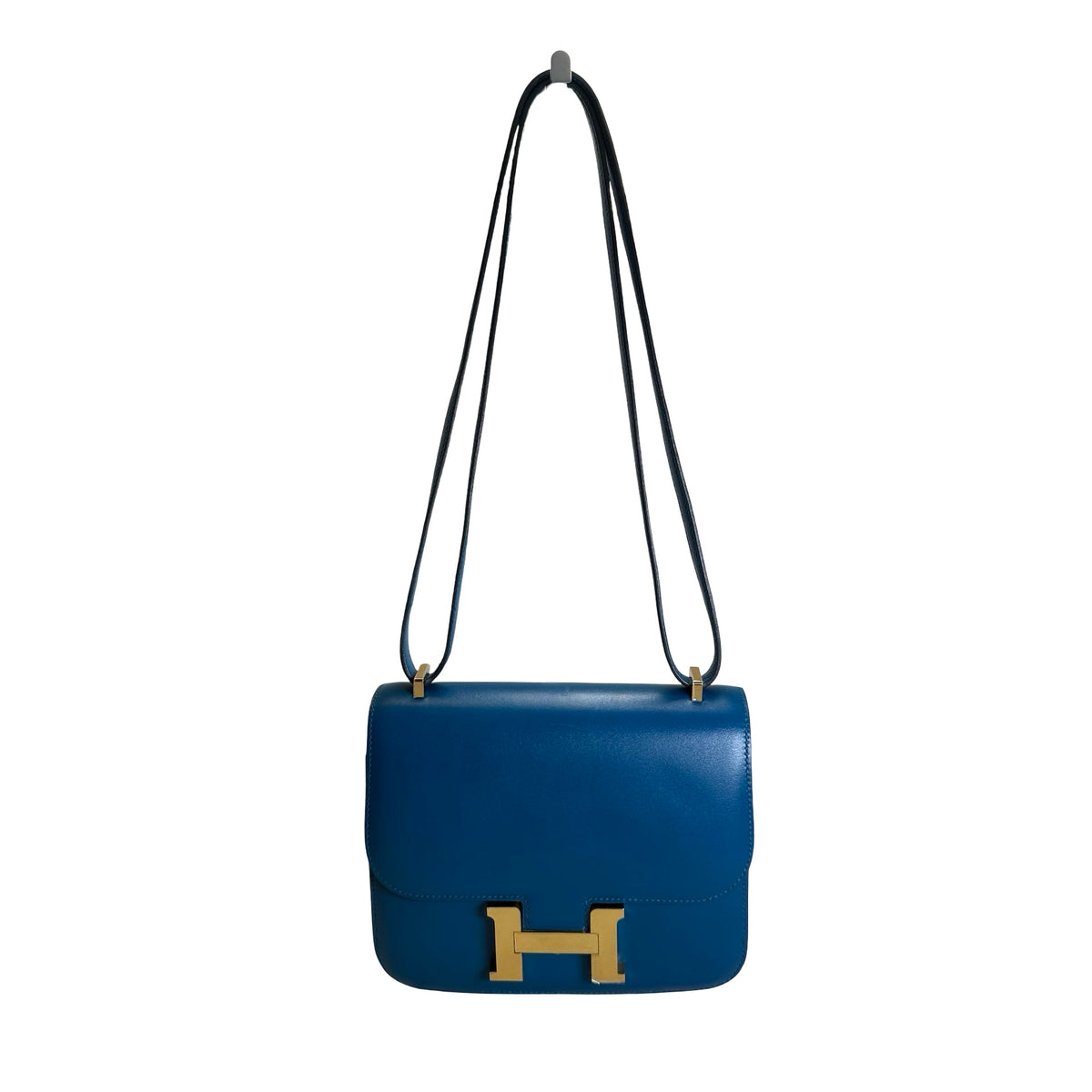 Used HERMES Epsom Leather Constance Shoulder Bag Blue Gold Hardware