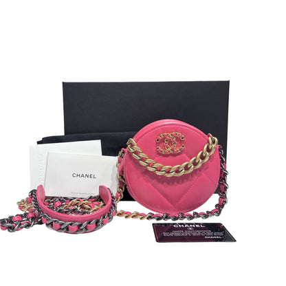 CHANEL 19 ROUND POUCH WITH CHAIN PINK LAMBSKIN