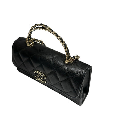 Used CHANEL Quilted Caviar Handle Classic Flap Handbag Black Gold