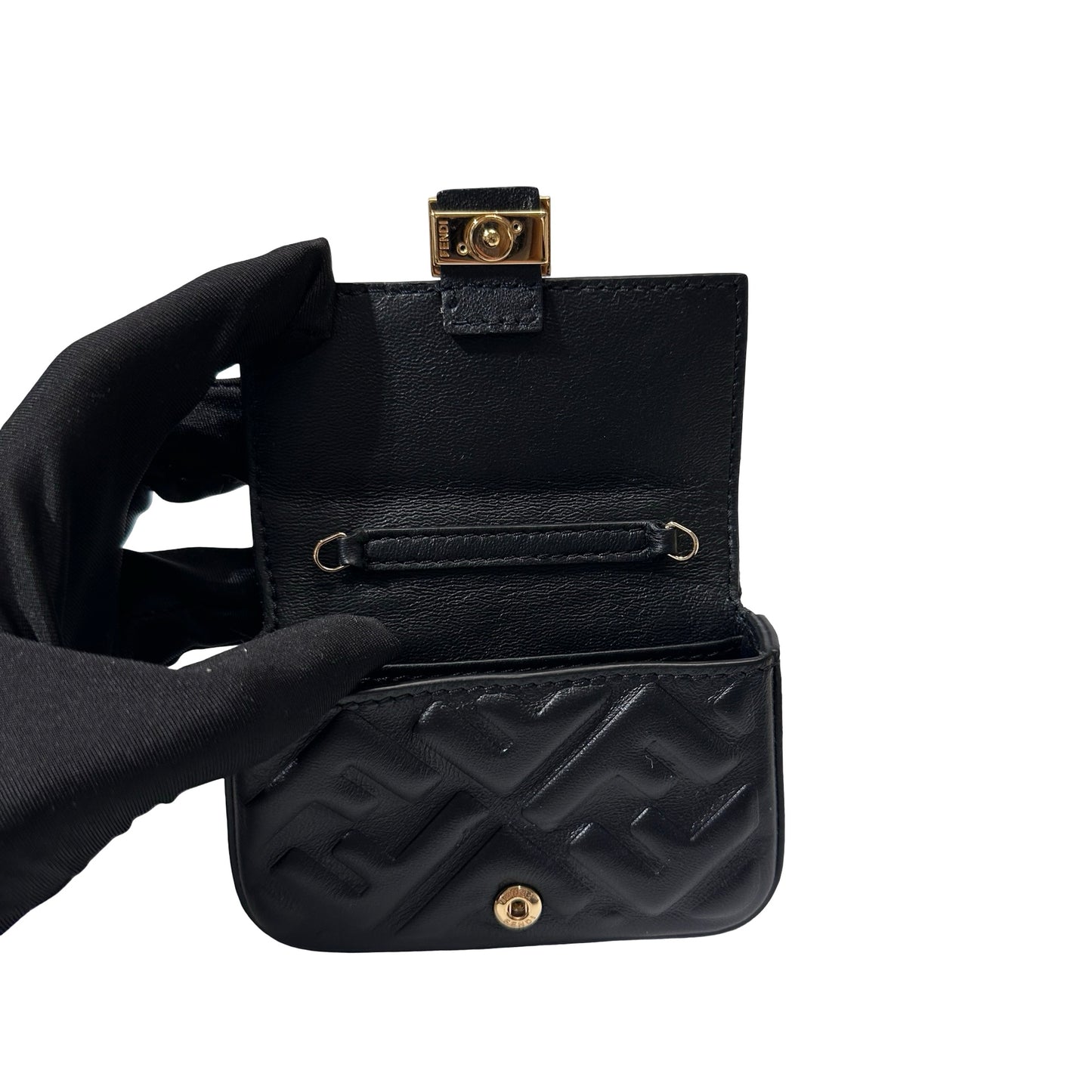 Used Fendi Calfskin Leather Baguette Nano Charm Cross Body Bag Black GHW