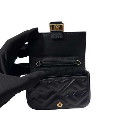 Used Fendi Calfskin Leather Baguette Nano Charm Cross Body Bag Black GHW