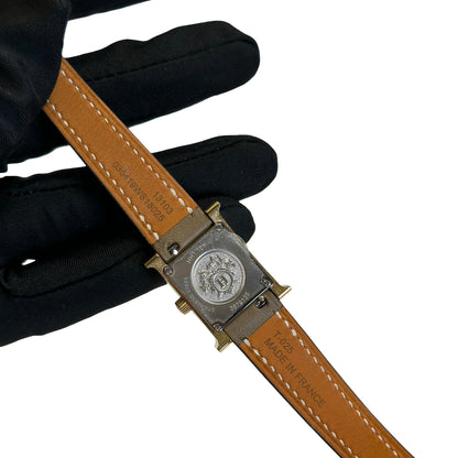 Used HERMES Leather Gold Plated Heure H Watch Green Gold White