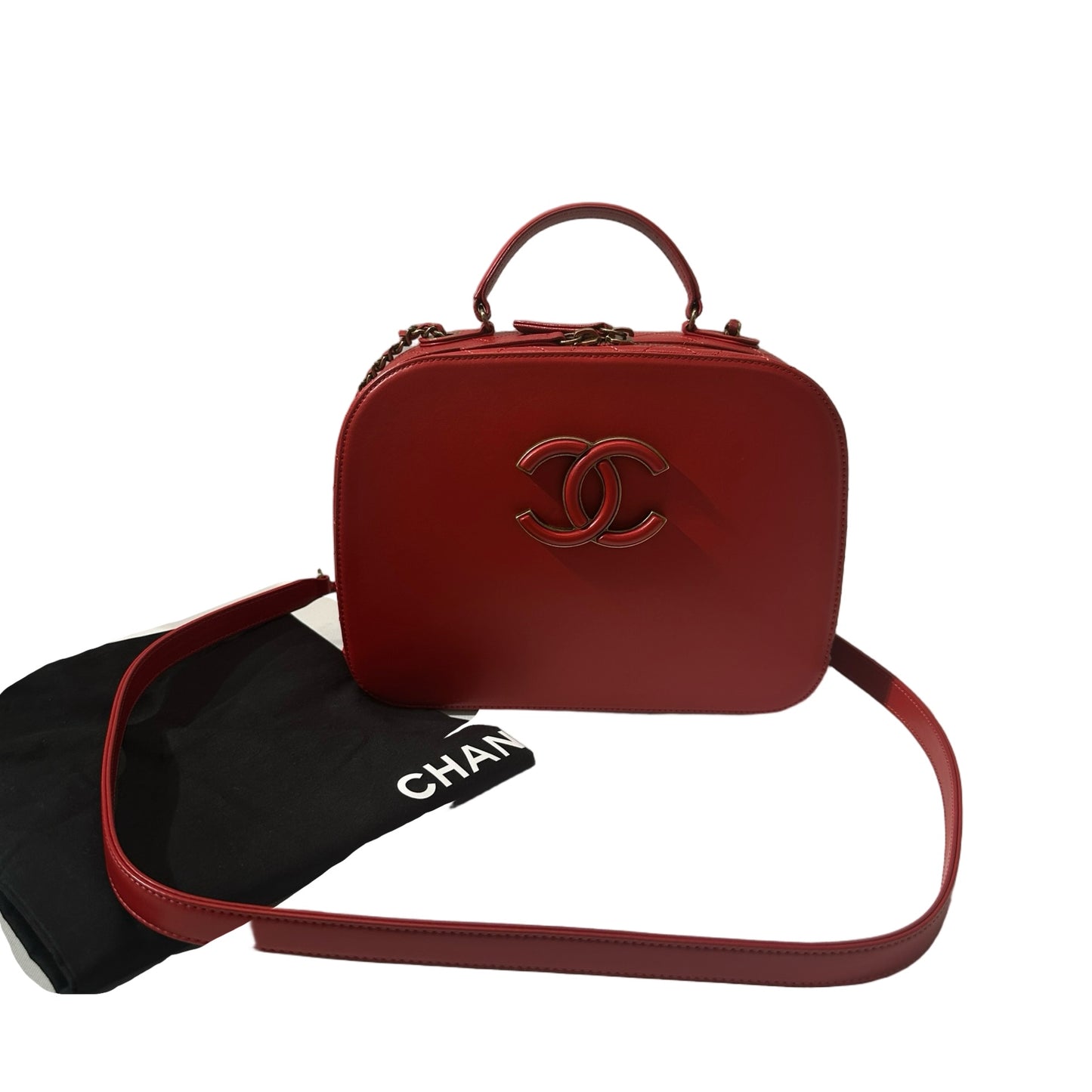 Used CHANEL Calfskin Leather Camera Bag Red GHW