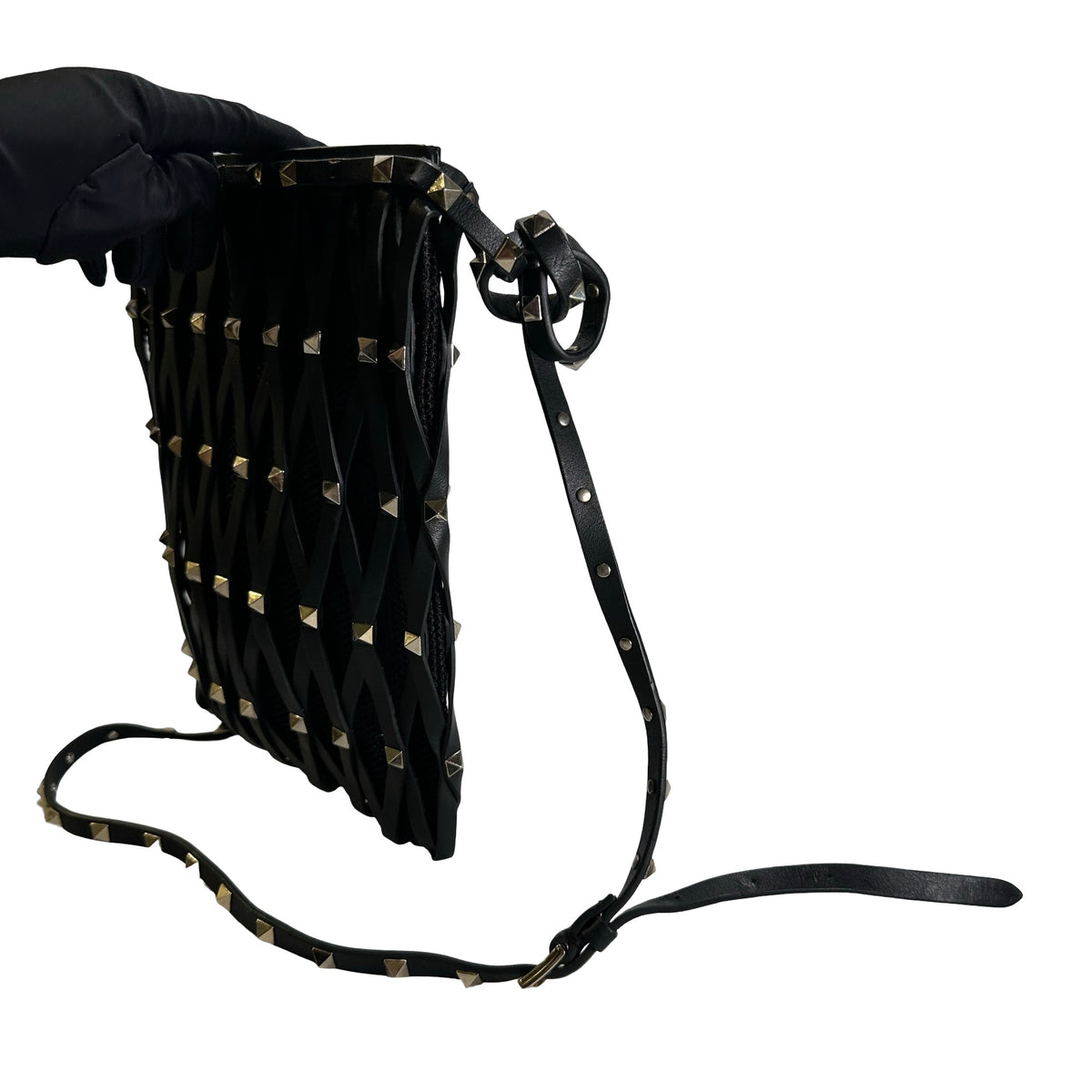 Used VALENTINO Leather Mesh Rockstud Spike Tote Bag Black Silver