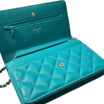 Used CHANEL Calfskin Leather WOC Cross Body Bag Green GHW