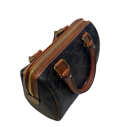 Used CELINE Triomphe Canvas Boston Handbag Black Brown
