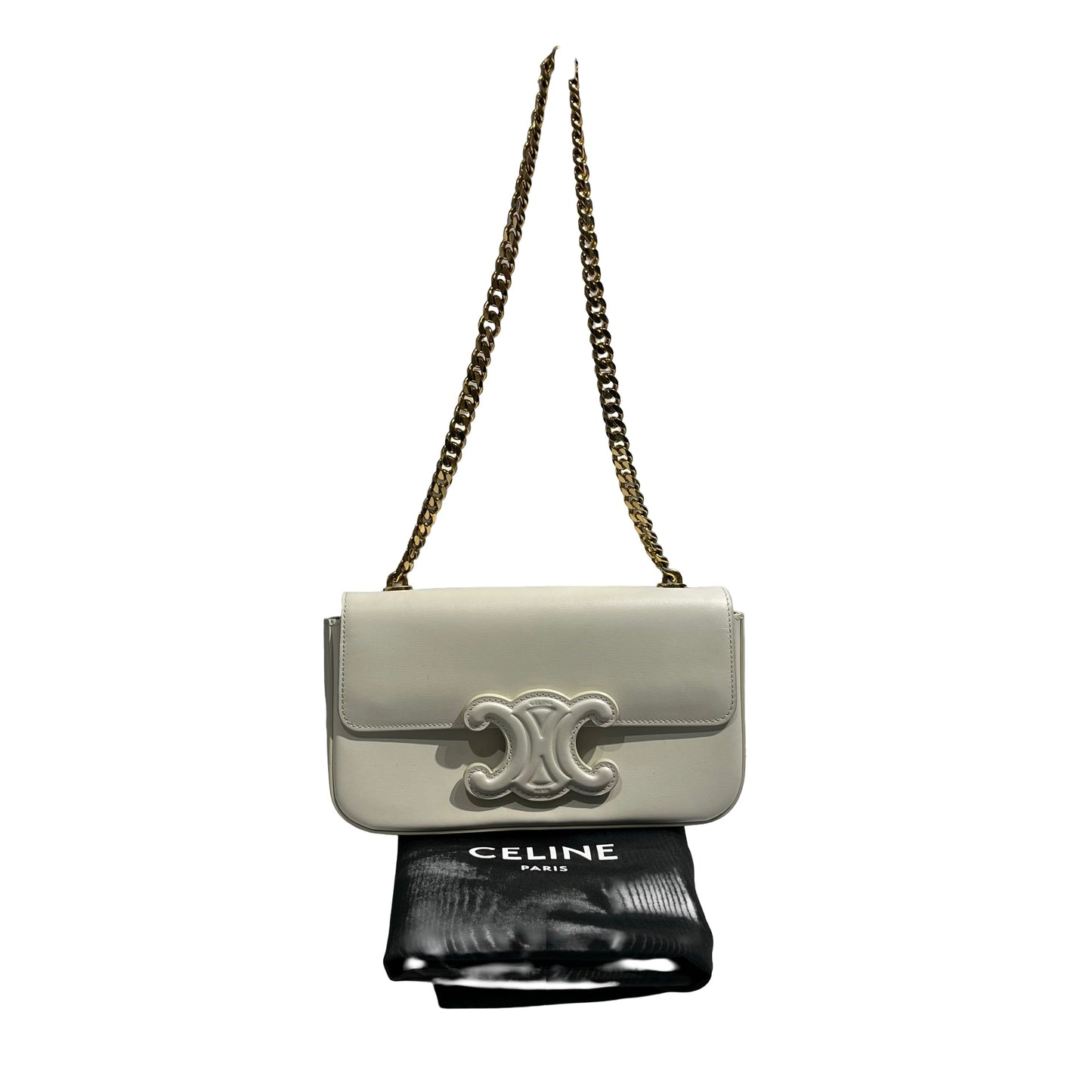 Used CÉLINE Calfskin Leather Triomphe Cuir Chain Shoulder Bag White GHW