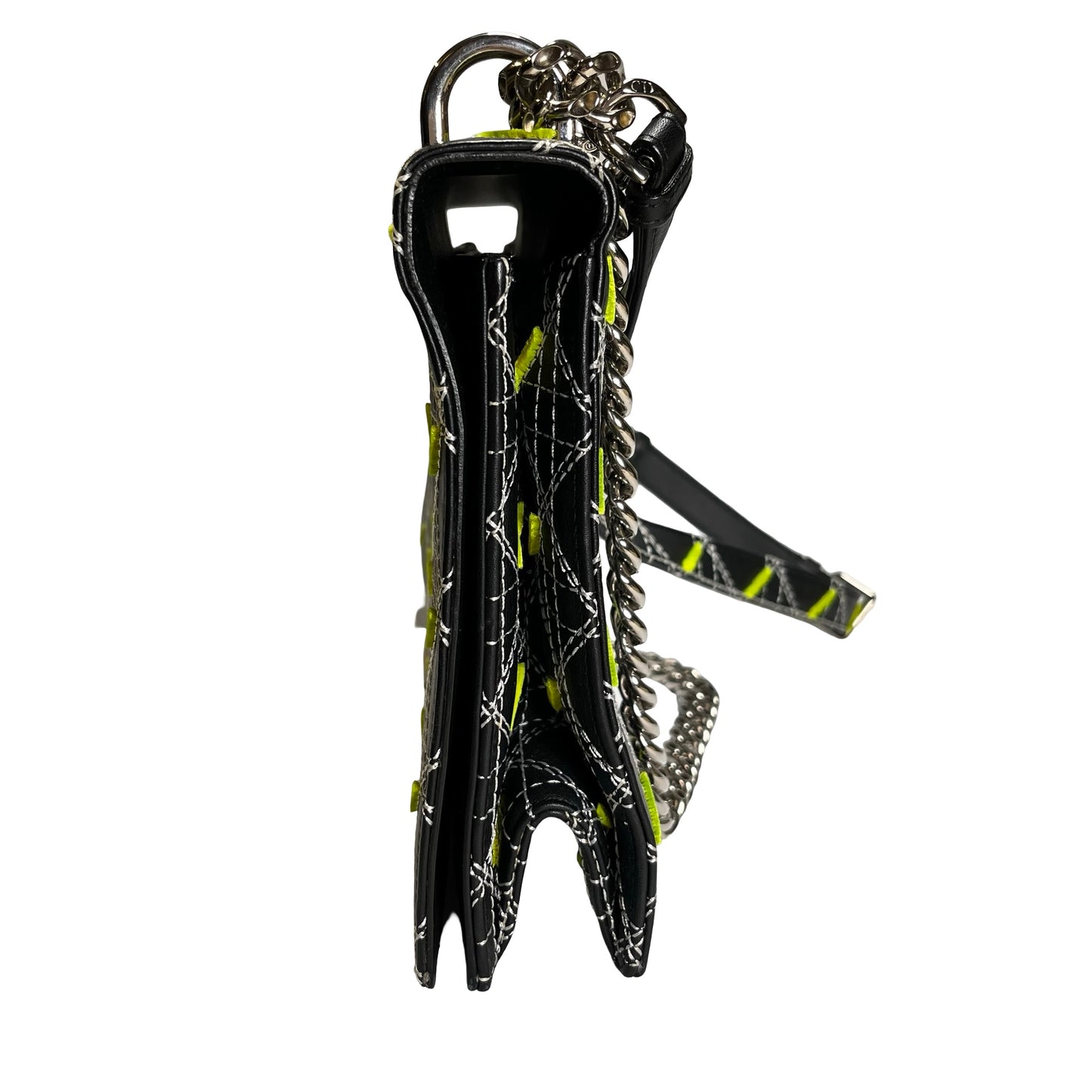 Used DIOR Cannage Leather Diorama Chain Shoulder Bag Black Yellow White PHW
