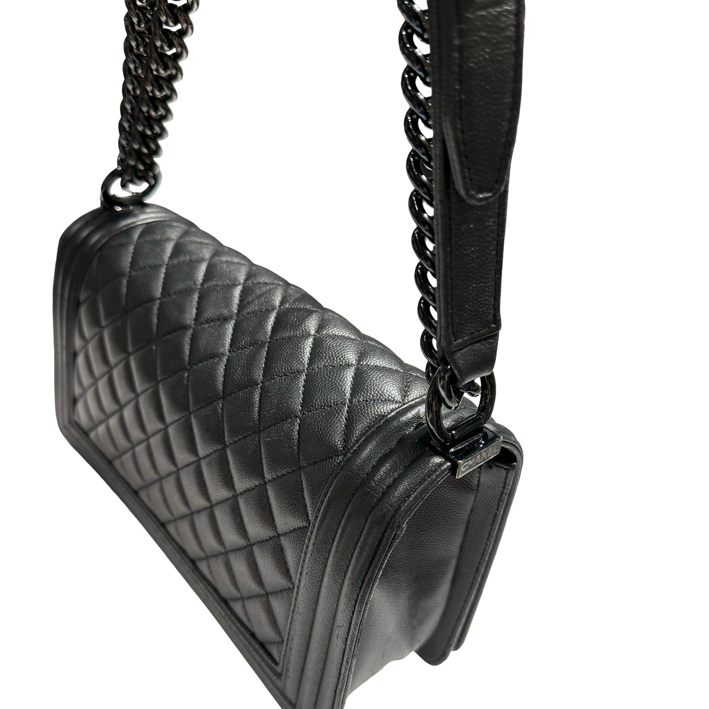 Used CHANEL Quilted Caviar Boy Chain Shoulder Bag Black