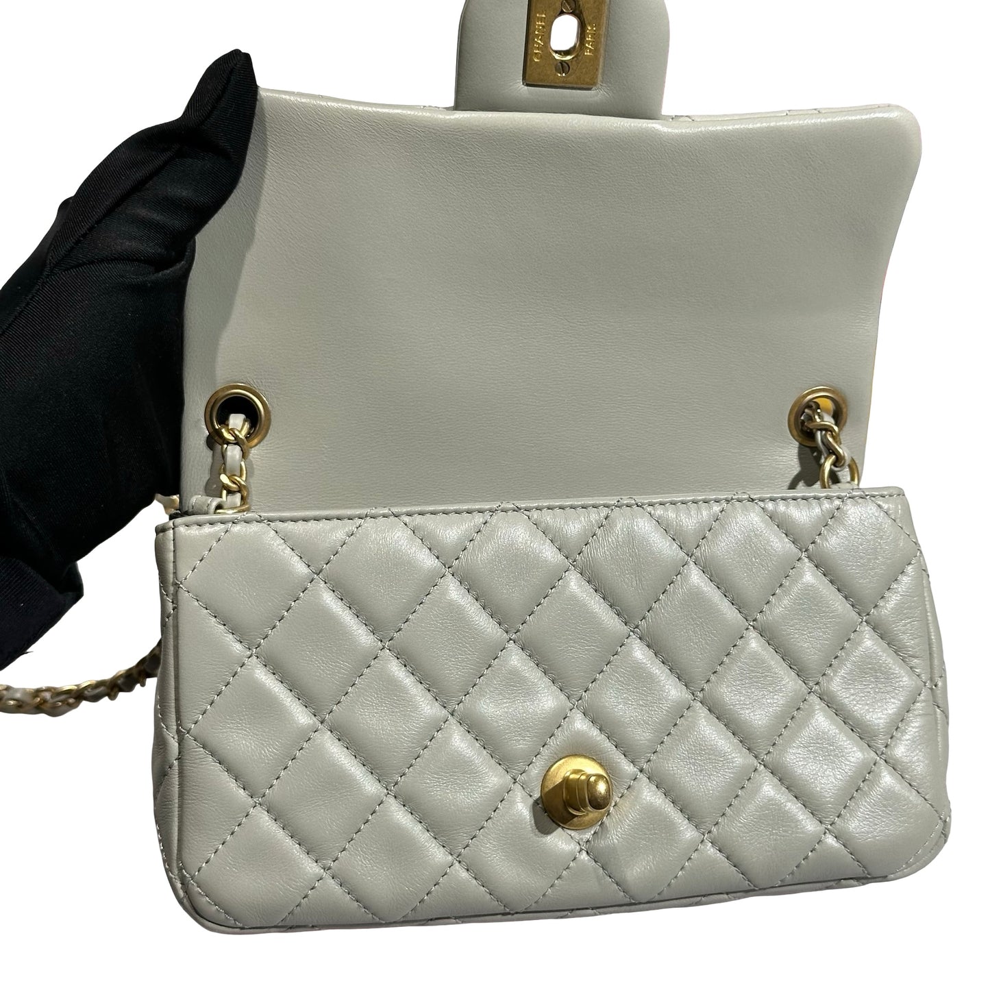 Used CHANEL Lambskin Leather Classic Flap with Gold Ball Chain Shoulder Bag Grey GHW