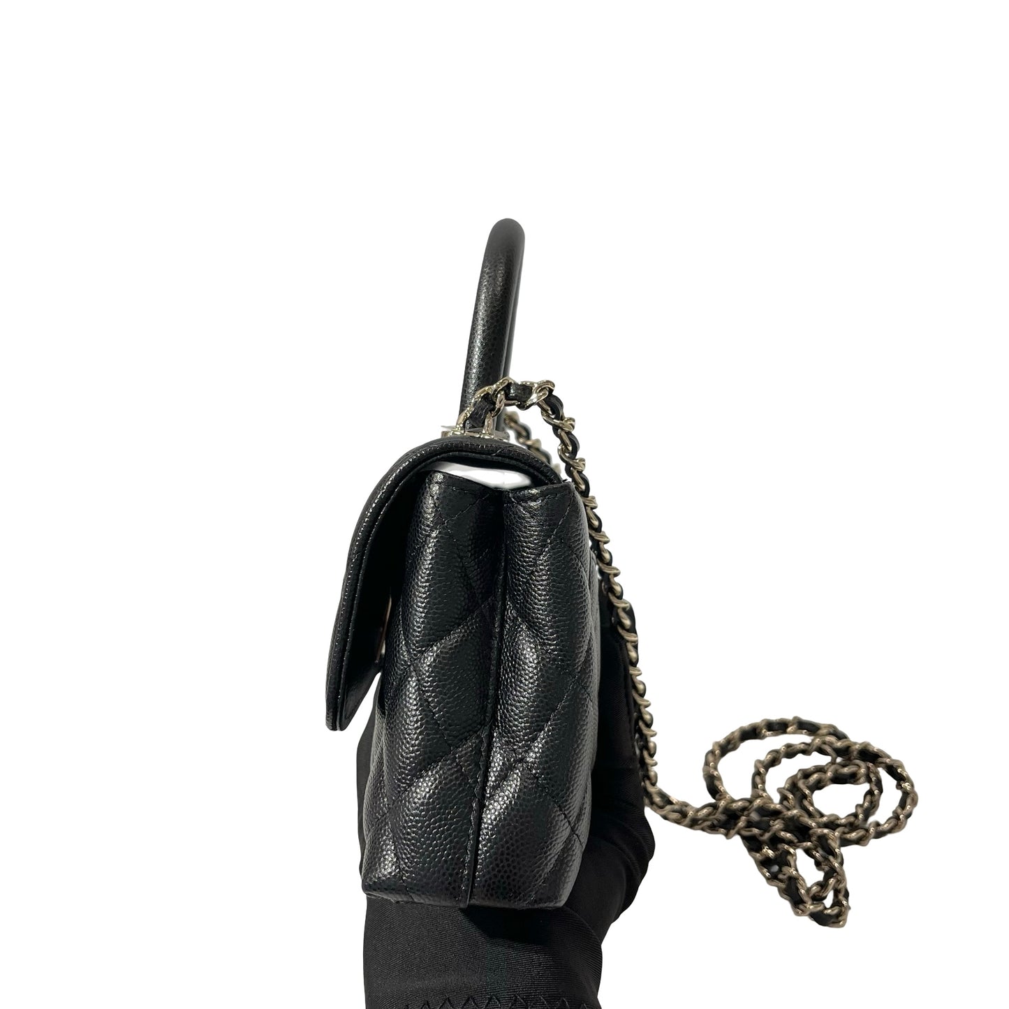 Used CHANEL Calfskin Leather Nano Coco Handle Shoulder Bag Black GHW