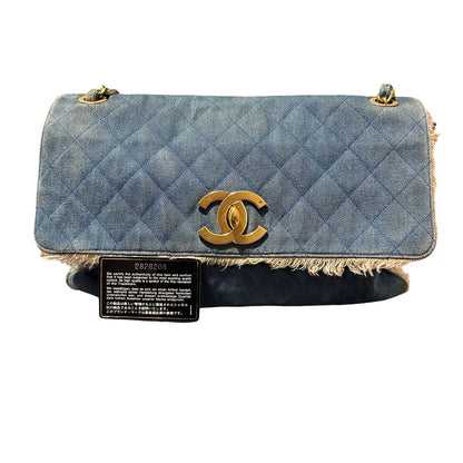 Used CHANEL Denim Matelasse Single Flap Chain Shoulder Bag Light Blue GHW