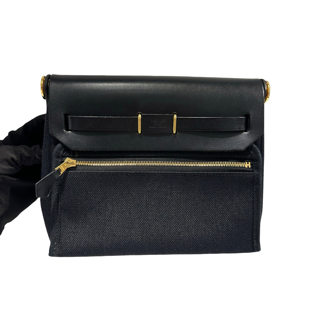 Used HERMES Canvas Leather Mini Herbag Handbag Black GHW