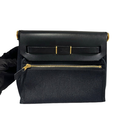 Used HERMES Canvas Leather Mini Herbag Handbag Black GHW