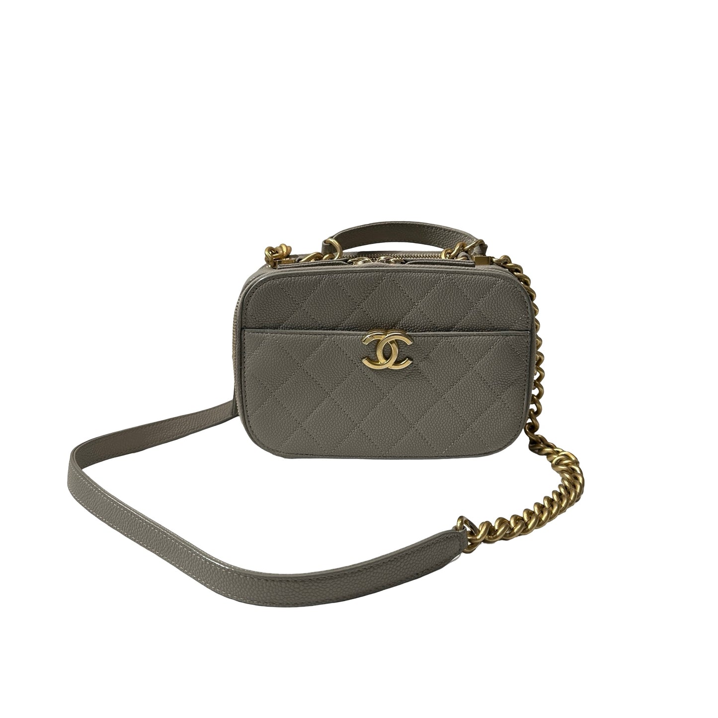 Used CHANEL Calfskin Leather Camera Shoulder Bag GHW Grey