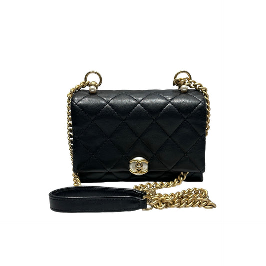 Used CHANEL Pearl Flap Chain Shoulder Bag Black GHW