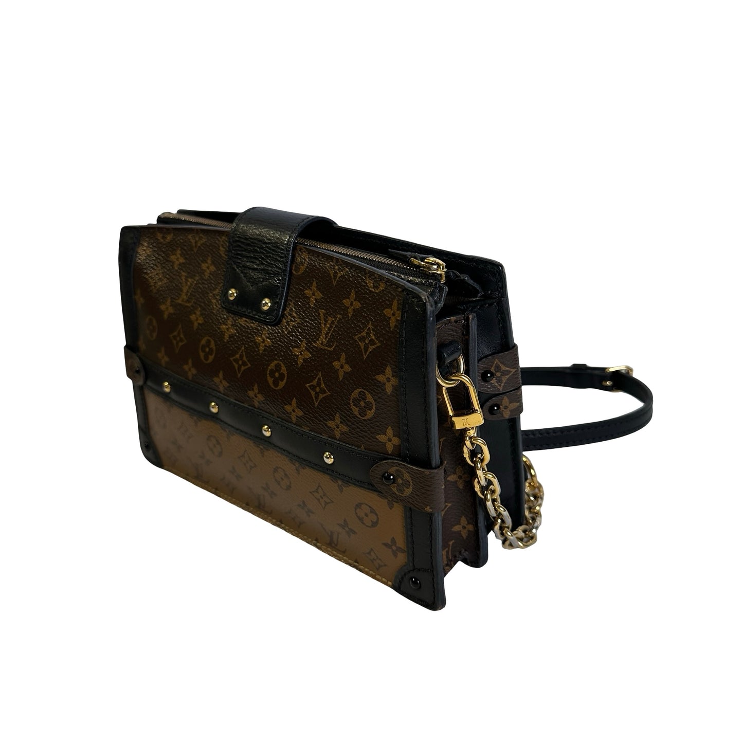 Used LOUIS VUITTON Monogram Canvas Leather Petite Malle Crossbody Bag Brown Black Gold