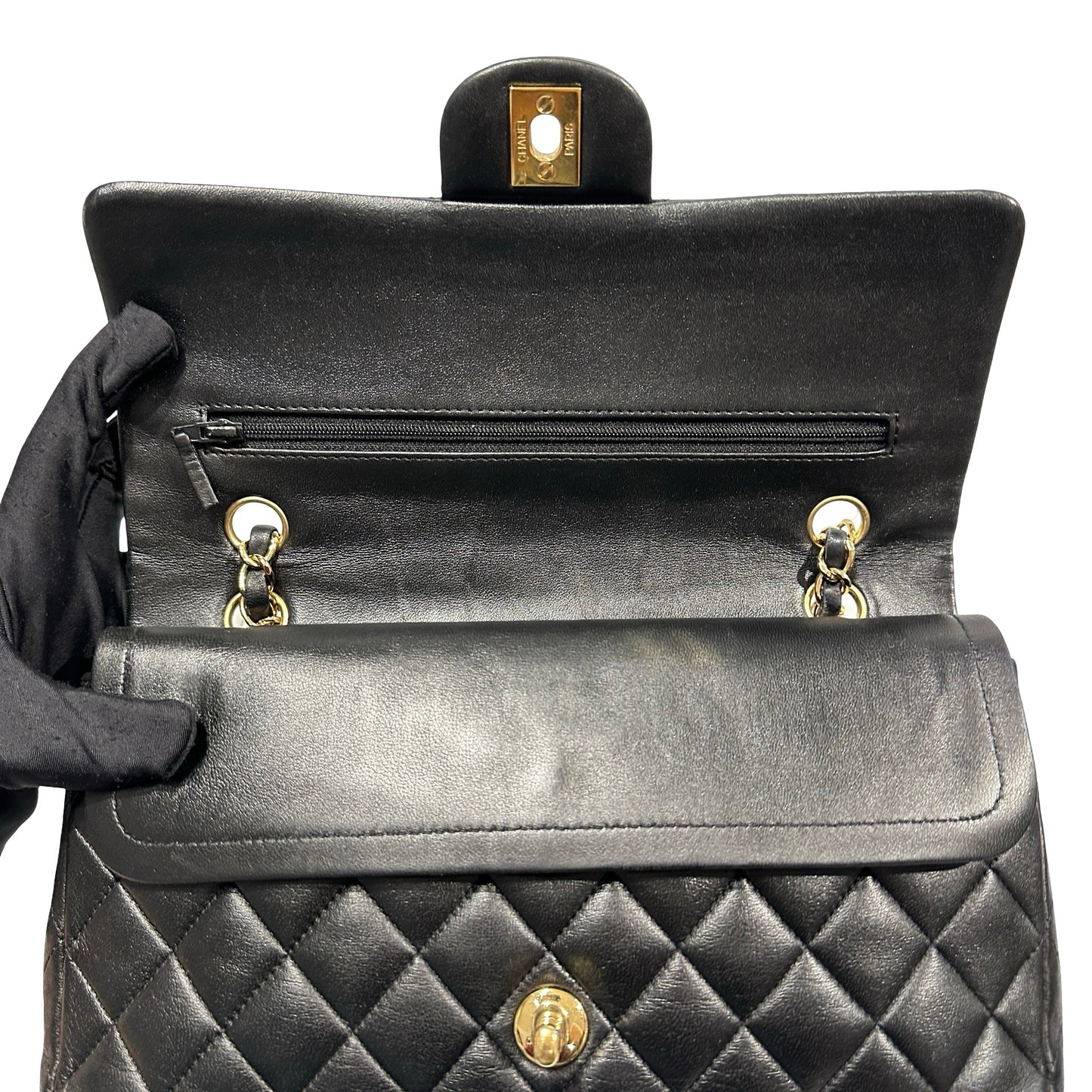 Used Chanel Calfskin Leather CF 25 Shoulder Bag Black GHW