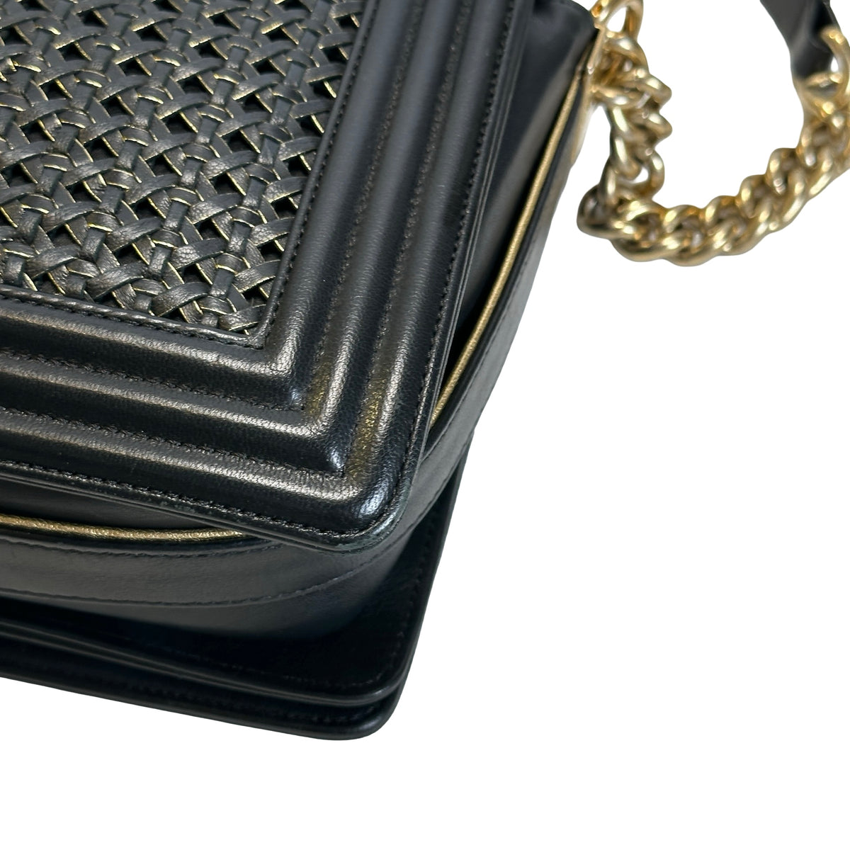 Used CHANEL Woven Leather Boy Chain Shoulder Bag Black Gold
