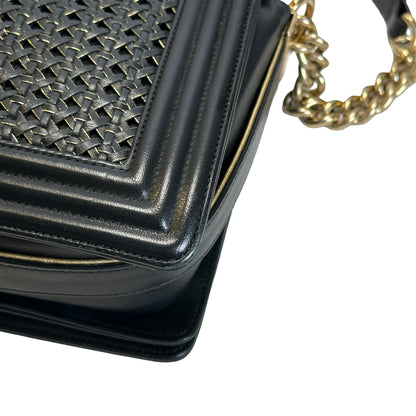 Used CHANEL Woven Leather Boy Chain Shoulder Bag Black Gold