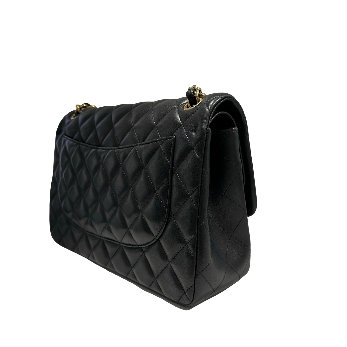 Used CHANEL Lambskin Quilted Jumbo Shoulder Bag Black Gold