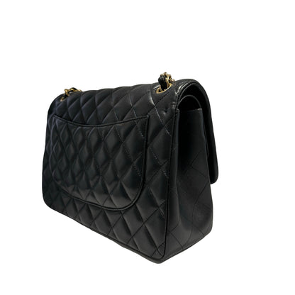 Used CHANEL Lambskin Quilted Jumbo Shoulder Bag Black Gold