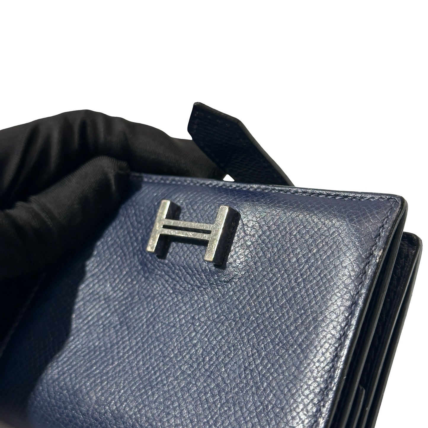 Used HERMÈS Calfskin Leather Bearn Wallet Navy Blue PHW