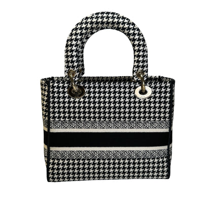 Used DIOR Houndstooth Embroidery Lady D-Lite Handbag Black White