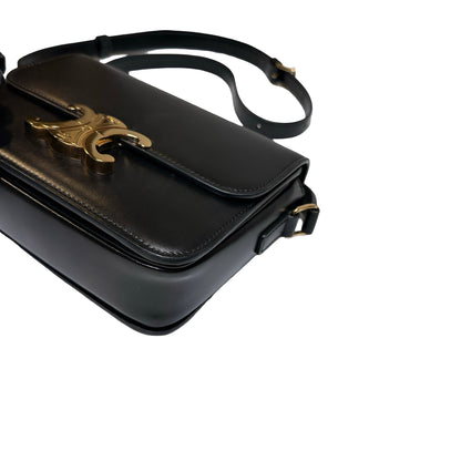 Used CÉLINE Calfskin Leather TEEN TRIOMPHE Cross Body Bag Black GHW