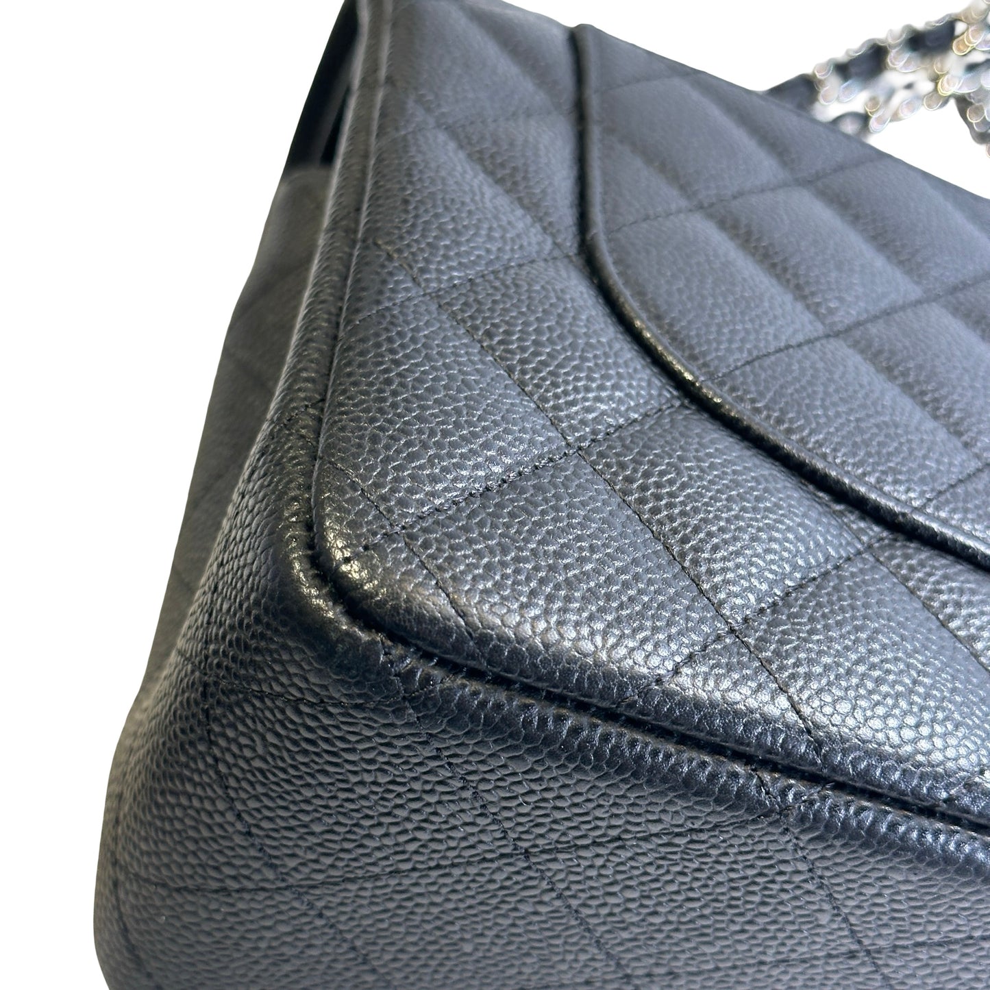 Used CHANEL Quilted Caviar Leather Classic Flap Chain Shoulder Bag Black Silver