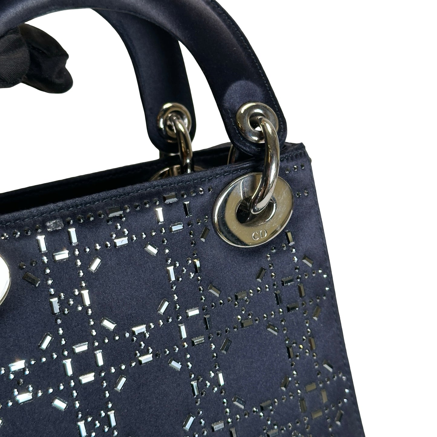 Used DIOR Cannage Rhinestone Lady Dior Handbag Black Silver