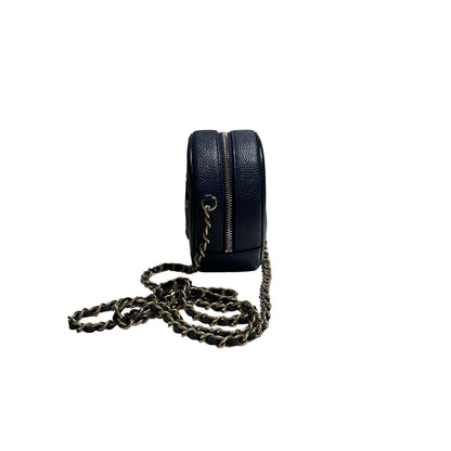 Used CHANEL Round Clutch with Chain Chain Shoulder Bag Navy Blue GHW