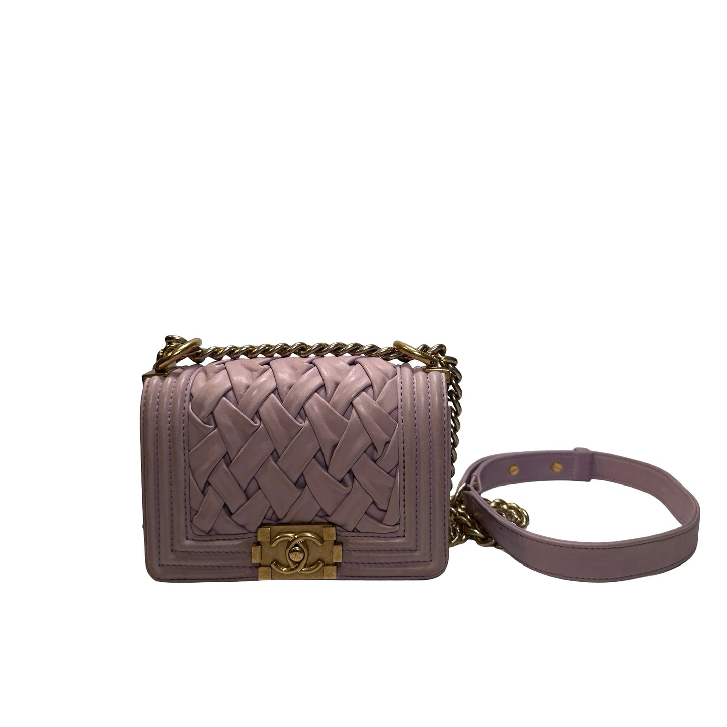 Used CHANEL Braided Lambskin Boy Chain Shoulder Bag Lilac Gold