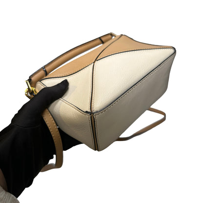 Used LOEWE Calfskin Leather MINI PUZZLE Cross Body Bag Beige Brown