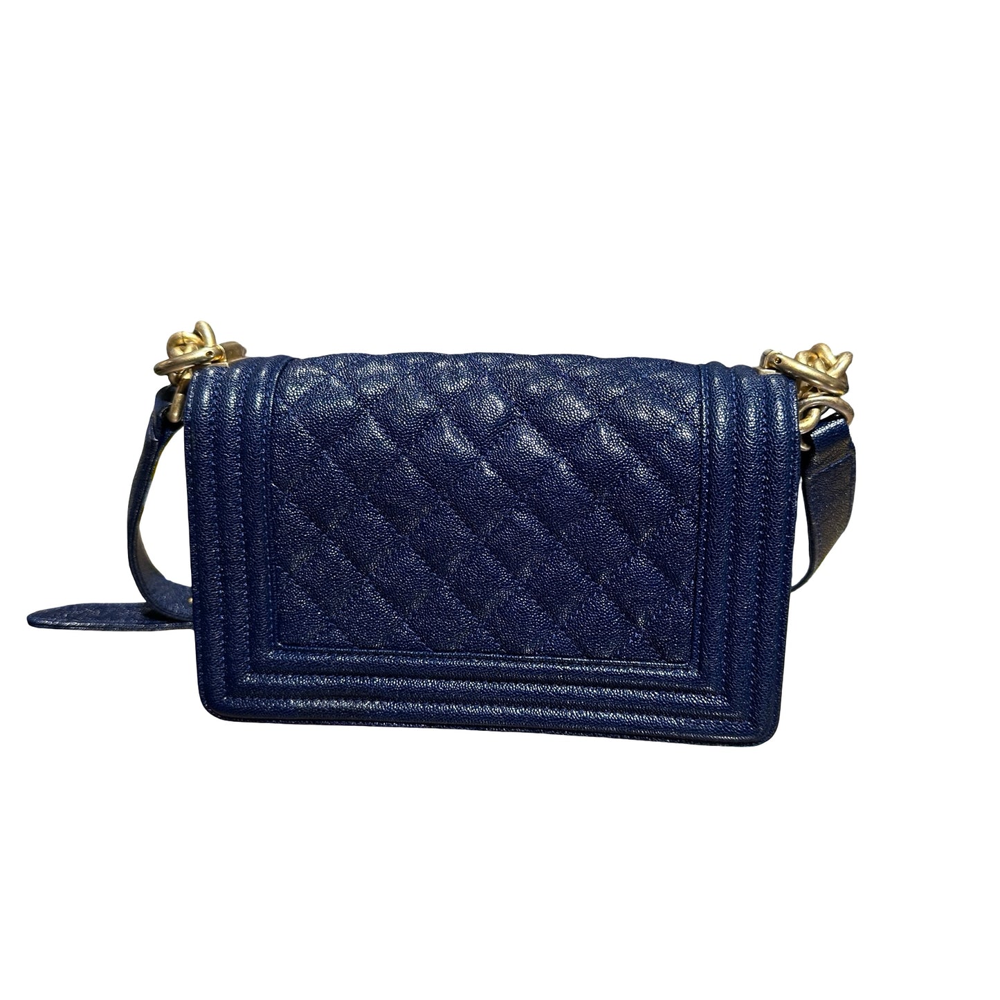 Used Chanel Calfskin Leather Boy 20cm Shoulder Bag Navy GHW