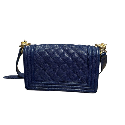 Used Chanel Calfskin Leather Boy 20cm Shoulder Bag Navy GHW