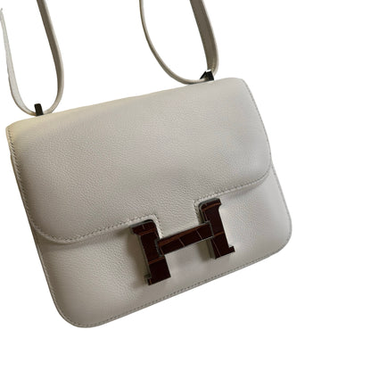 Used HERMES Leather Crocodile Mini Constance Cross body bag White Brown Silver