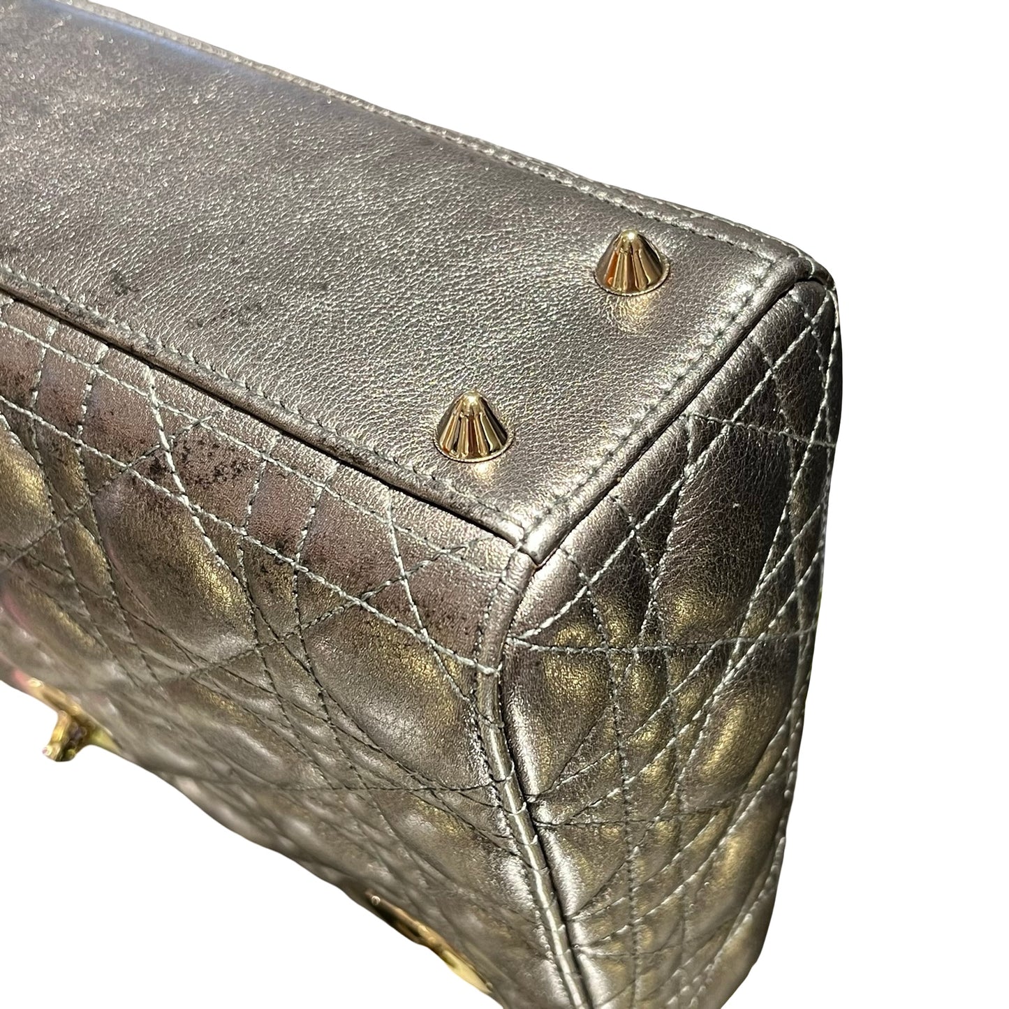 Used Dior Lady Dior Handbag Metallic Silver GHW