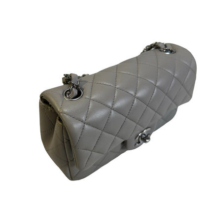 Used CHANEL Quilted Lambskin Mini Rectangular Flap Bag Shoulder Bag Grey Silver Hardware