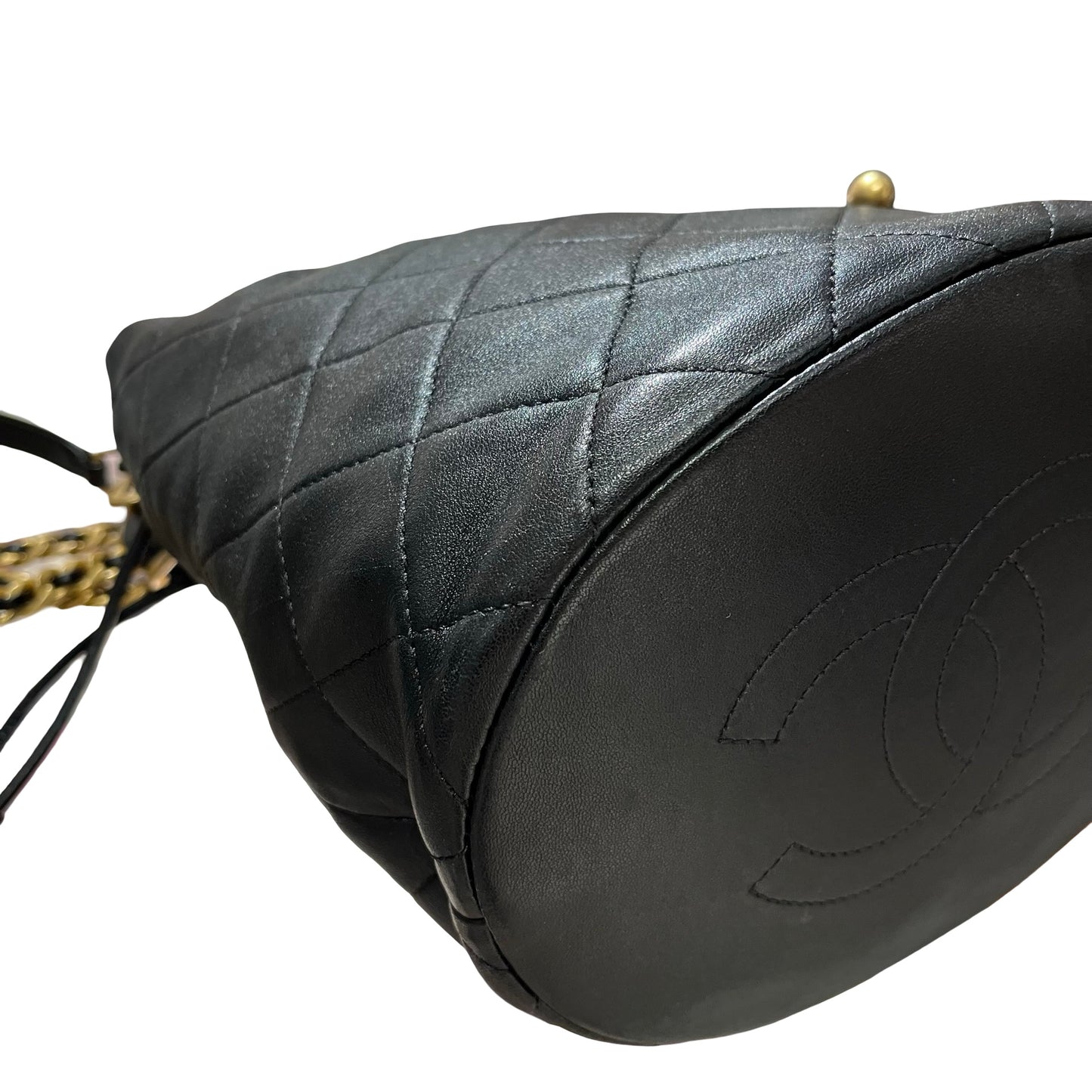 Used CHANEL Lambskin Leather Bucket Bag Black GHW