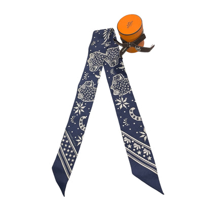 Used HERMES Silk Les Leopards Bandana Twilly Navy White